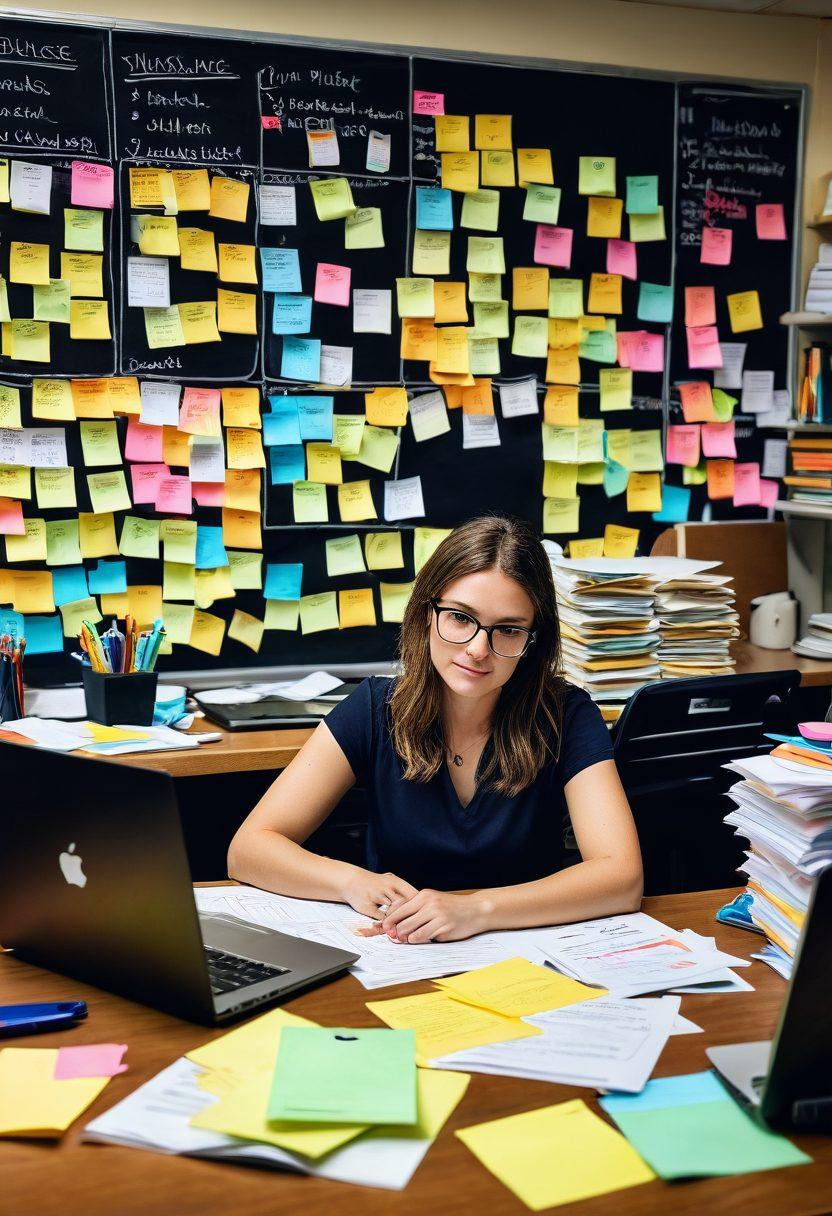 A confident individual reviewing insurance documents at a desk overflowing with files and a laptop, surrounded by sticky notes with tips and highlights. A warm light filters in from a window, creating a cozy yet focused atmosphere. In the background, a chalkboard displays a checklist for the claims process. The scene conveys empowerment and clarity. super-realistic. vibrant colors. soft lighting.