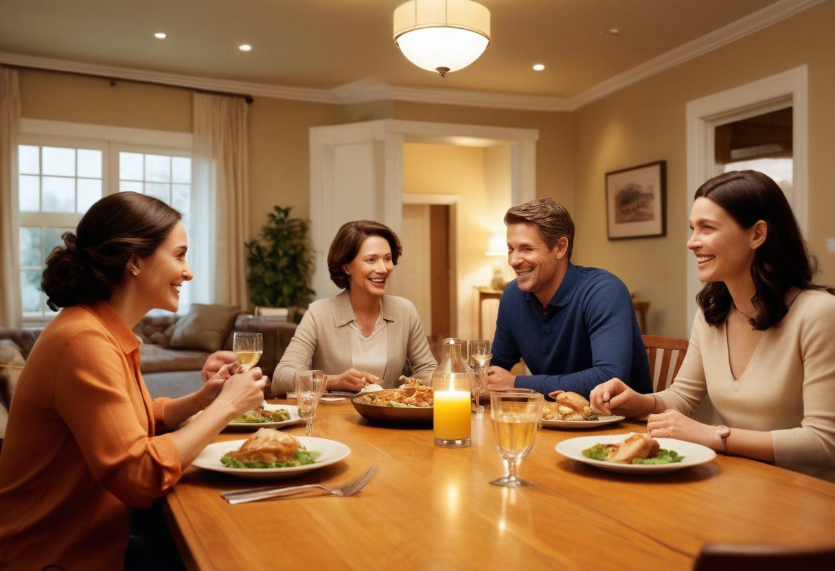 A family gathered around a dinner table, discussing insurance options with smiling faces, surrounded by warm lighting and a cozy home environment. In the background, visual representations of family protection and business security, such as a house and a briefcase, can be seen. The atmosphere conveys comfort, trust, and knowledge. super-realistic. vibrant colors. warm tones.