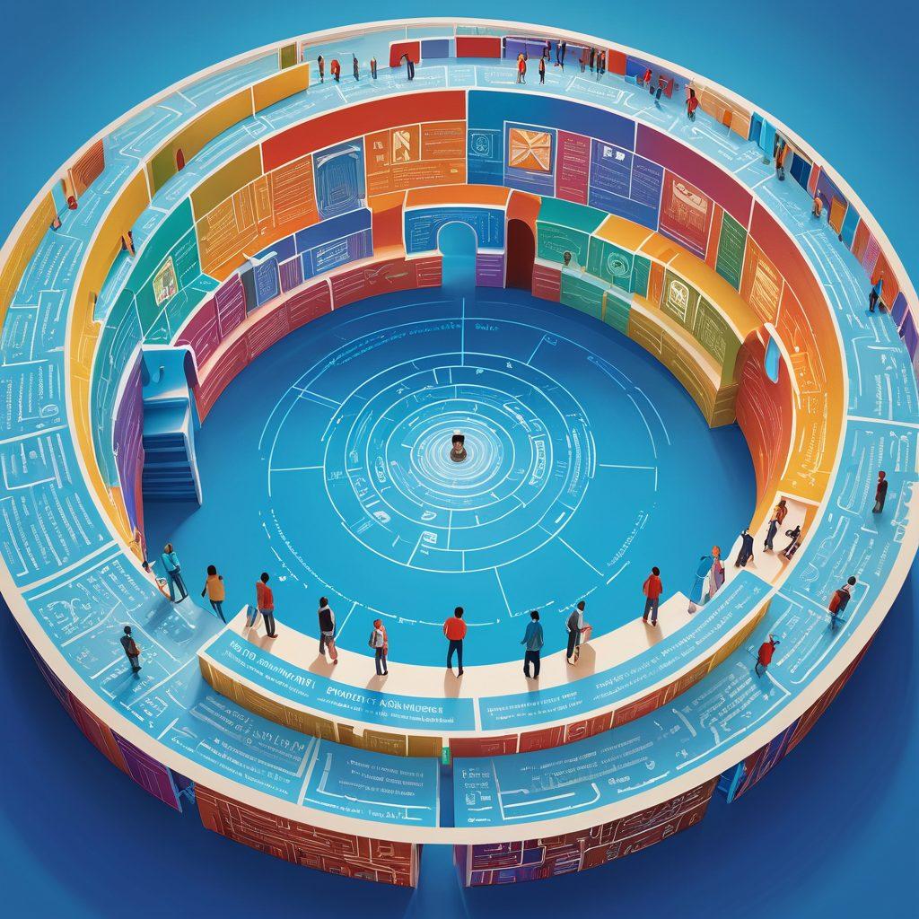 A labyrinth made of colorful insurance policy documents, with people of diverse backgrounds navigating through, holding magnifying glasses to inspect the fine print. Brightly lit pathways lead to various types of insurance icons like health, auto, and home. A clear blue sky overhead, symbolizing protection and security. Illustrative style, vibrant colors, and a hint of infographic elements.